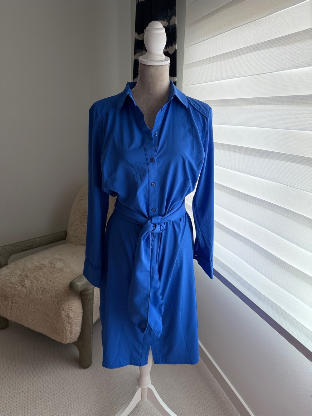 Coolibar Cobalt Blue Long-Sleeve Button-Front Shirt Dress with Tie Waist